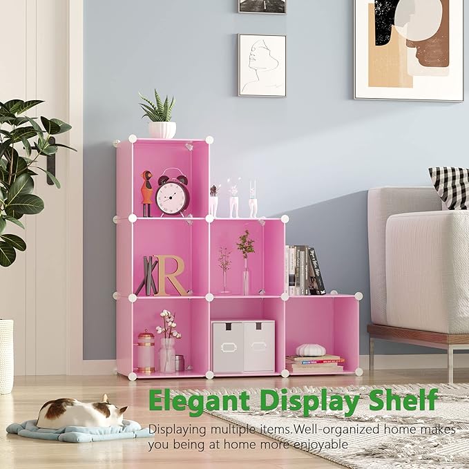 C&AHOME Cube Storage Organizer, 6-Cube Shelves Units, Closet Cabinet, DIY Plastic Modular Book Shelf, Ideal for Bedroom, Living Room, Office, 36.6" L x 12.4" W x 36.6" H Pink UPCS06P