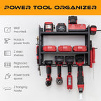 Power Tool Organizer - Wall Mount Storage for Garage Organizes 4 Cordless Drills & Tools - Heavy Duty Rack w Pegboard Sides Shelves & Hooks - Neatly Holds Screwdrivers & Drill Bits BLACK/BLACK