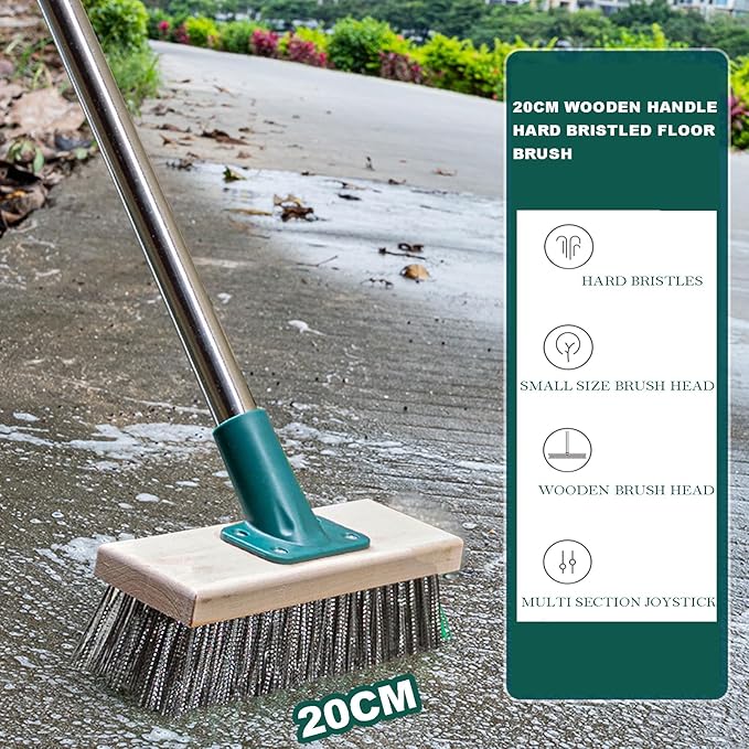 Push Broom Brush Stainless Steel Wire Scrub Brush with Long Handle for Moss, Tough Stains on Deck, Grout, Garage, Patio