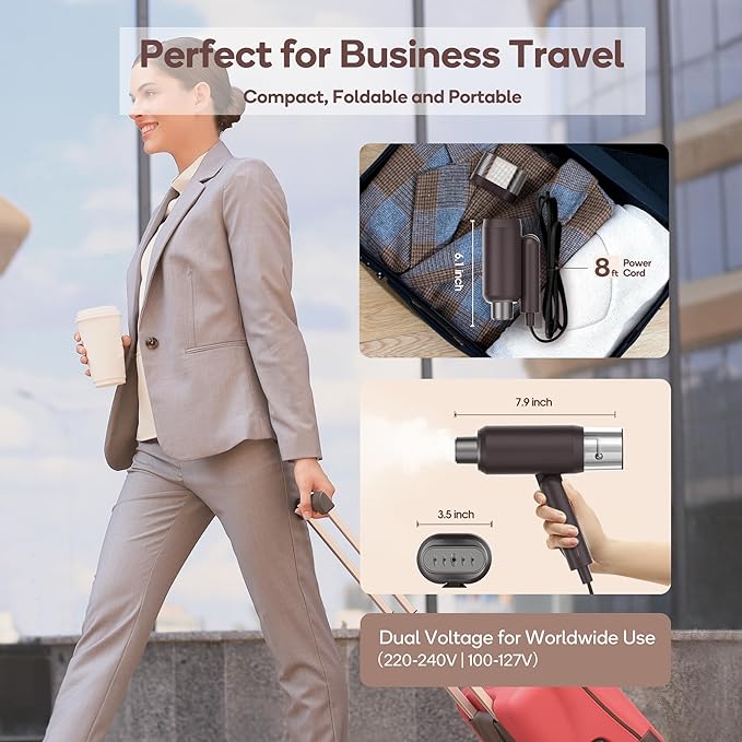 Newbealer Dual Voltage Garment Steamer 120V/220V, 1200W Powerful Steamer for Clothes, Home & Travel Use, Horizontal & Vertical Steaming, 20s Heat-up, Foldable, 1.72lbs, 180ml (Brown)