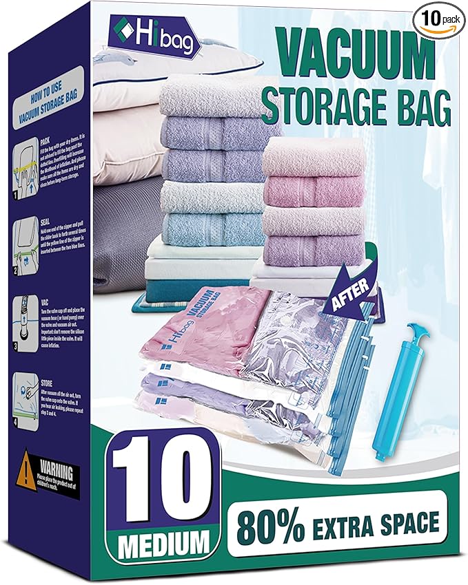 Vacuum Storage Bags, 10 Medium Space Saver Vacuum Seal Bags, Space Bags, Vacuum Sealer Bags for Clothes with Travel Hand Pump (10M)