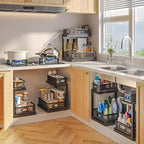 1-Pack Under Sink Storage Organizer with 2-Tier Slide Out Drawer, Sophisticated Mesh Pull Out Shelf for Kitchen & Bathroom, Fits Small Items, Upgraded Arched Track for Smooth Gliding-Black