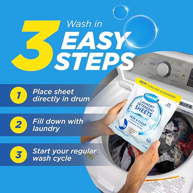 Carbona Laundry Detergent Sheets | Eco-Friendly Washing Detergent | Up to 50 Loads (25 Sheets) | Stain Remover | No Perfume or Dyes | Free & Clear