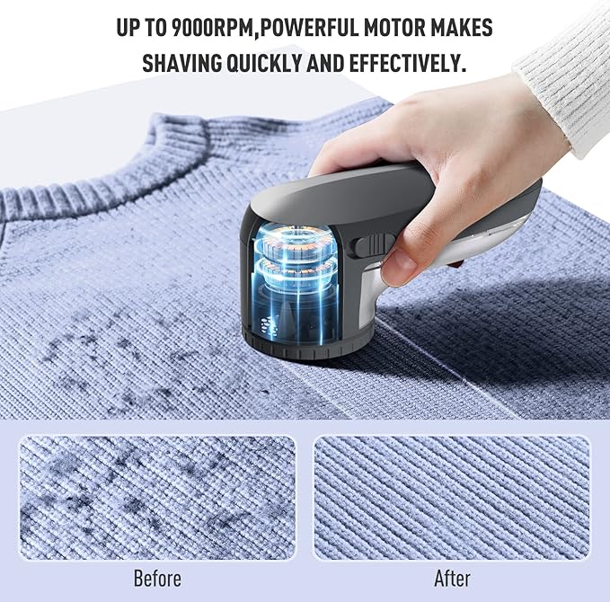 Ruidla Fabric Shaver Defuzzer, Electric Lint Remover, Rechargeable Sweater Shaver with Stainless Steel 3-Leaf Blades, Dual Protection, Removable Bin, Easy Remove Fuzz, Lint, Pills, Bobbles