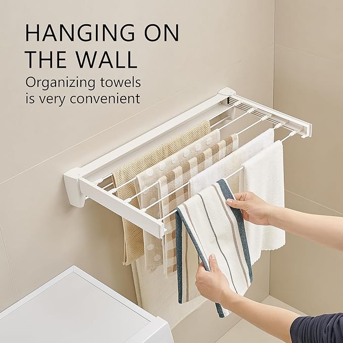 JOOM Laundry Drying Rack Collapsible, Wall Mounted Drying Rack, Clothes Drying Rack, Retractable Drying Racks, 27.5" Wide, 5 Aluminum Rods with Hooks, 60 lb Capacity (White 27.5" with Hooks)