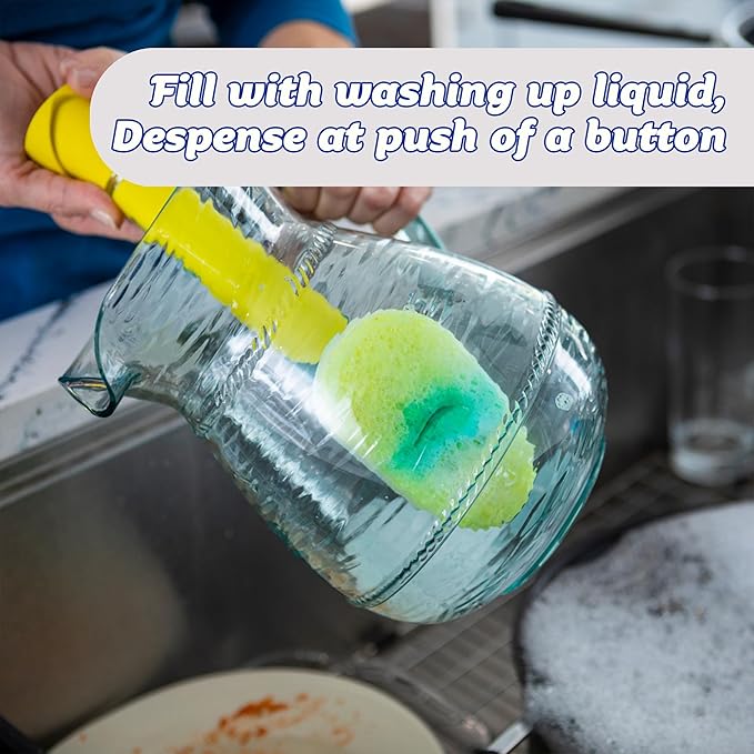 Scrub Daddy Dish Daddy Dish Wand & Connector Head, Soap Dispensing Dish Brush, Texture Changing Washing Up Sponge With Liquid Handle, Dish Sponge with Built-in Scraper, Scrubbing Head & Stand - Yellow