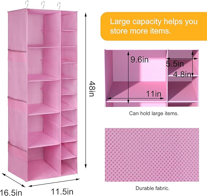Libeder Shoe Organizer for Closet, 15 Shelf Hanging Closet Storage Shelves - 10 Shoe Rack Organizer and 5 Compartment for Clothes with 6 Side Mesh Pockets for Scarves Socks,Gloves Pink
