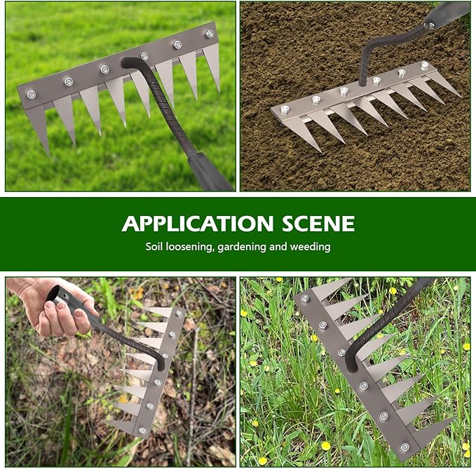 Iron Weeding Rake 2.0, New 5/6/7/8 Teeth Carbon Steel Garden Weeder Rakes, Weeder Puller Tool for Yard Lawn and Garden, Heavy Duty Metal Rake for Lawn, Flower Beds & Soil Aeration(5 Teeth)