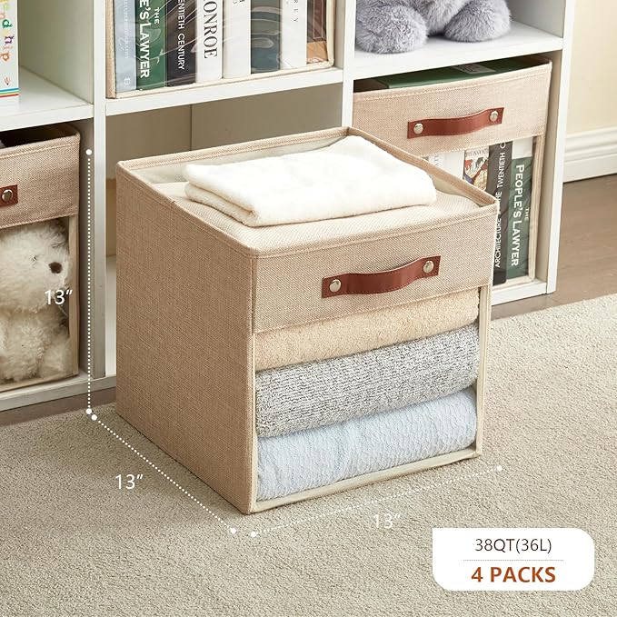 Storage Cube Organizer with Clear Window, Linen Collapsible Storage Boxes with PU Handles, Cube Storage Bins for Shelf, Closet, Cabinet, Bookcase (13x13x13, Khaki)