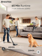 BrewVox Telescopic Cordless Stick Vacuum Cleaner for Home & Pet Hair, 25W Motorized Tri-Clean Brush, 40kPa Powerful Suction, 450W Motor, 65 Min Runtime, 2.5H Quick Rechargeable for Carpets, All Floors
