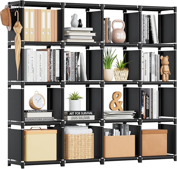 Mavivegue Bookshelf,16 Cube Storage Organizer,Book Shelf Organizer,Tall Bookcase,Black Cube Shelf Cubbies Closet Storage Shelves for Bedroom,Living Room,Home,Office, 16-Grid