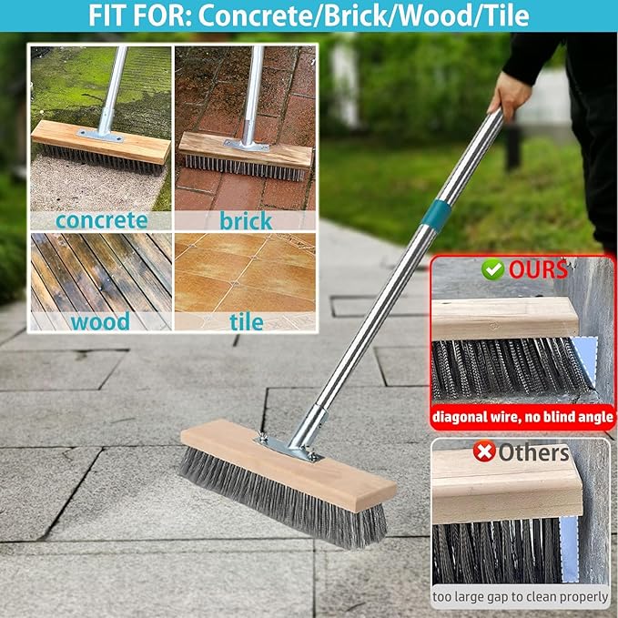 Stainless Steel Deck Scrub Brush with Long Handle, 62" Floor Scrubber Brush Heavy Duty Wire Brushes for Cleaning Pool Concrete Patio Garage Outdoor Moss Remover 11.8" Wide