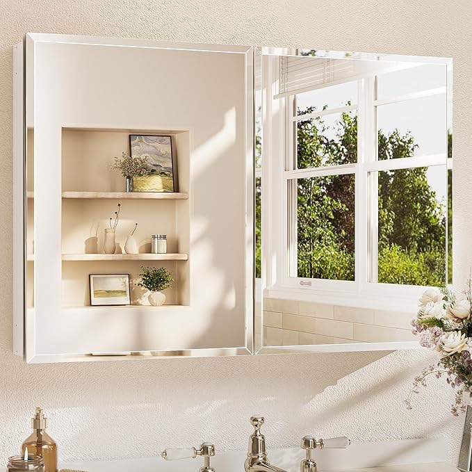 TETOTE 36 x 24 Medicine Cabinet with Mirror with Tempered Beveled Mirror Silver Medicine Cabinet Aluminum Cabinet DTC Hinges, Stepless Adjustable Shelves, Recessed/Surface-Mounted