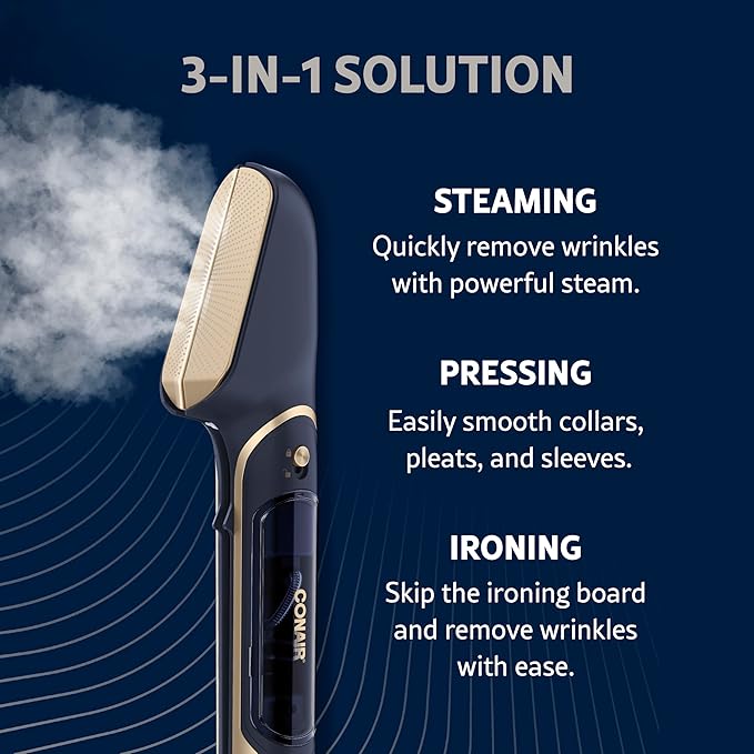 Conair SteamStylist 3-in-1 Steam, Press and Iron Steamer for Clothes, With Fabric Shaver, Extra Water Tank and Storage Bag, For Home, Office or Travel, Amazon Exclusive, Midnight Blue