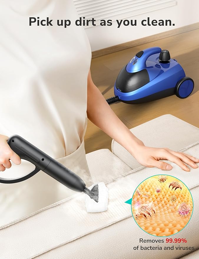Steam Cleaner for home, 80PSI 293°F Multipurpose Heavy Duty Canister Steamer,Built-In Storage, Handheld Steam Mop for Home Car Upholstery Bed Furniture Carpet Bathroom Tile Grout Floor Cleaning, Blue