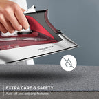 Rowenta, Iron, Focus Excellence Stainless Steel Soleplate Steam Iron for Clothes, Retractable Cord, 400+ Microsteam Holes, Powerful steam, LED Display, 1750 W Ironing Clothes, Cordreel, Red DW5433