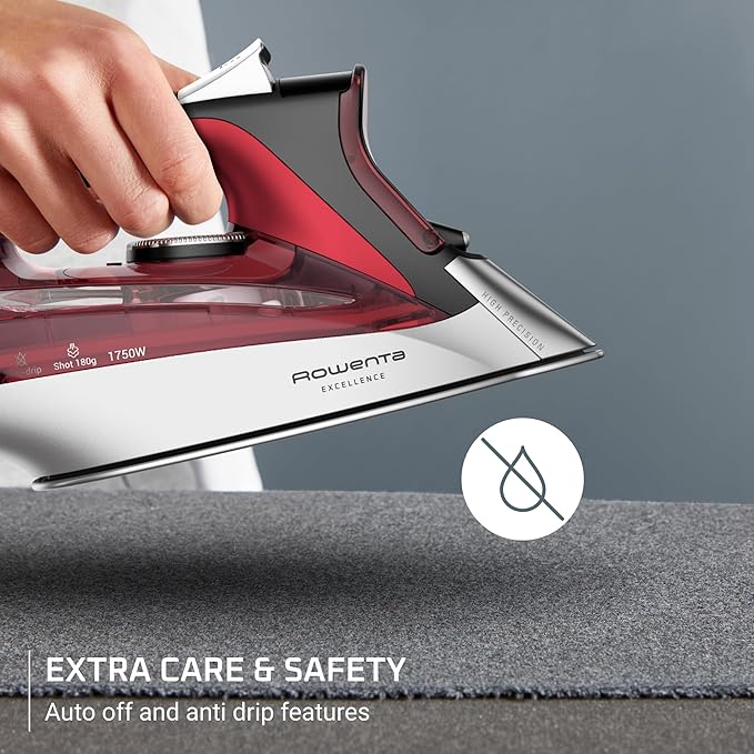 Rowenta, Iron, Focus Excellence Stainless Steel Soleplate Steam Iron for Clothes, Retractable Cord, 400+ Microsteam Holes, Powerful steam, LED Display, 1750 W Ironing Clothes, Cordreel, Red DW5433