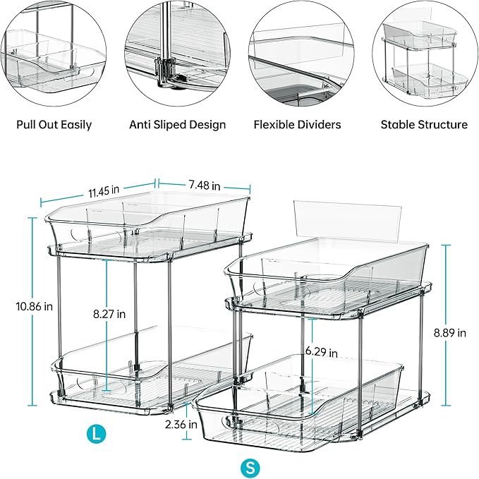 Delamu 2 Sets of 2-Tier Clear Under Sink Organizers and Storage, Multi-Purpose Stackable Bathroom Cabinet organizers, Grey