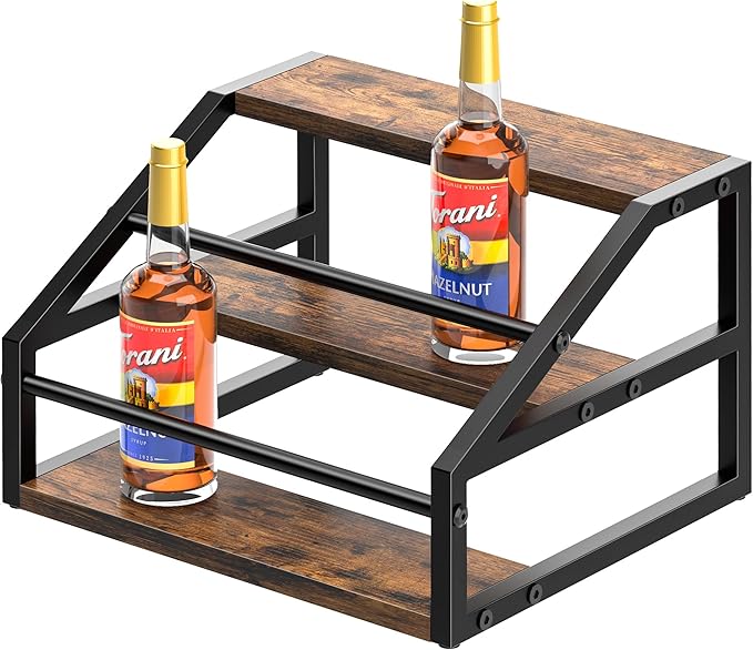 Coffee Syrup Rack Organizer, Spice Racks, Syrup Bottle Holder Stand for Coffee Bar, 3-Tier 12 Bottles Storage Shelves for Syrup, Wine, Dressing for Kitchen Countertop, Rustic Brown