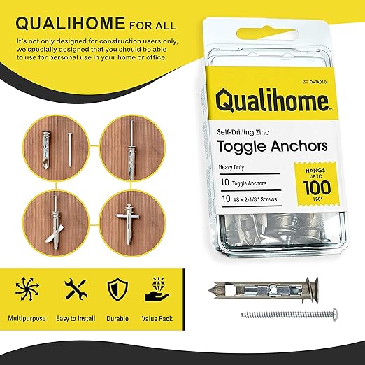 Heavy Duty Drywall Anchors and Screws Kit Including Self-DrillingToggle Anchors & Screws - Durable Zinc Self Drilling Drywall Anchors for Hanging Pictures & More