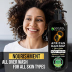 Natural Wunderz Body Wash with African Black Soap and Shea Butter, 32 Fl Oz Shower Gel, Promotes Acne Treatment, Contains All Natural Extracts, Vegan, and Sulfate-Free Body Scrub