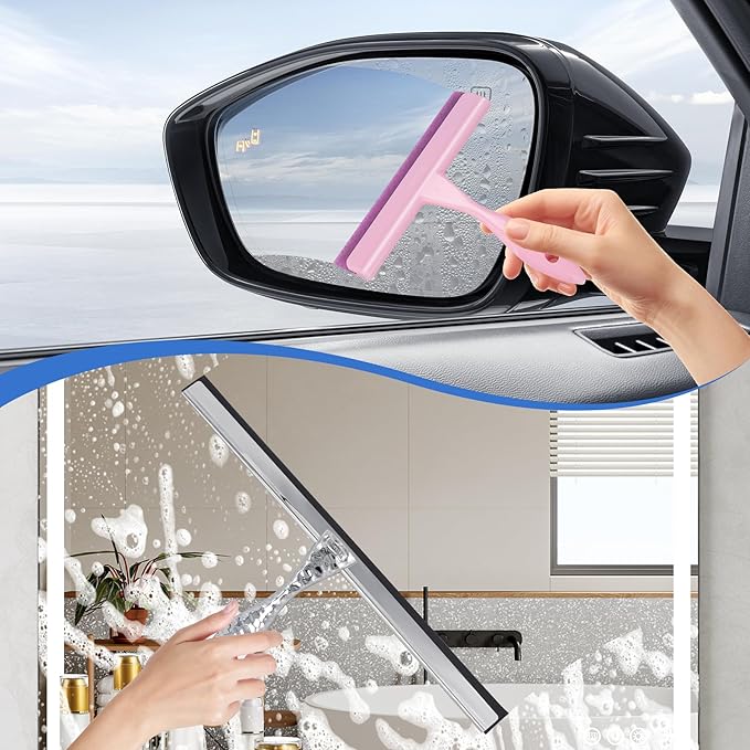2-Pack Shower Squeegee for Glass Doors, 10 inch Silver Stainless Steel & 5 inch Pink Mini with 2 Hooks, Non-Slip Hammered Handle, Silicone Wiper for Shower, Bathroom, Tile and Mirror