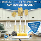 Dish Brush Set of 5 with Holder - Kitchen Scrub Brushes with Non-Slip Long Handle for Cleaning, Scrubber, Dishwashing, Dishes, Bottles, Straws, Cups, Pots & Sink, Baige