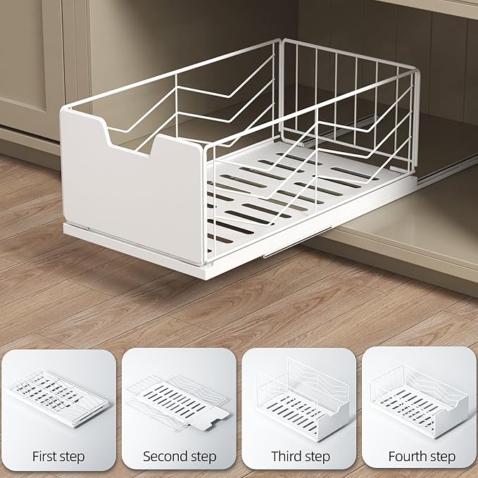NETEL 4 Pack Pull Out Cabinet Organizer, No Drill Slide Out Drawers for Kitchen Cabinets, Peel and Stick Pull Out Drawers, Kitchen Cabinet Organizer,White,11.8"W X 20.86"D X 6.9"H