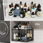 2PC Under Sink Organizer Rack 2 Tier Under Sliding Cabinet Basket Organizer Drawer with 4 Hooks, Multi-purpose Under Sink Storage for Bathroom Kitchen Desktop（Black）