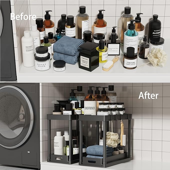 2PC Under Sink Organizer Rack 2 Tier Under Sliding Cabinet Basket Organizer Drawer with 4 Hooks, Multi-purpose Under Sink Storage for Bathroom Kitchen Desktop（Black）