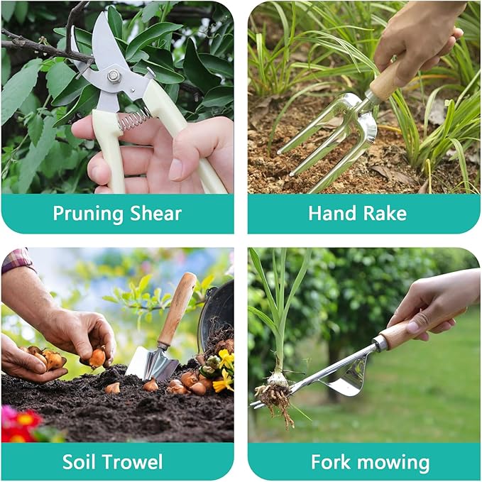 Garden Tool Set, 7 Pcs Floral Gardening Set for Women Leaf Camouflage Gardening Kit with Garden Tool Bag, Trowel, Weeder Fork, Hand Rake, Pruning Shears, Cultivator, Transplanter