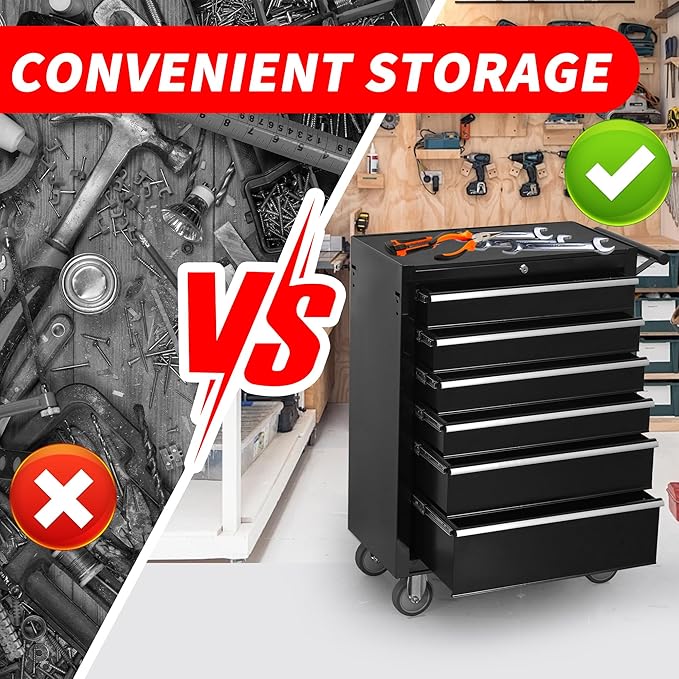 Tool Chest Cabinet, Large Capacity Metal Tool Box with Wheels and Cylinder Locking, Roll Around Storage Organizer Tool Cart for Garage, Redtool cabinets on Wheels (Black, 6-Drawer-Wheel)