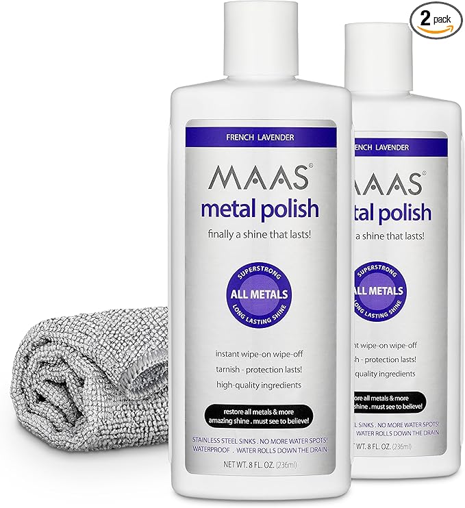 MAAS Metal Polish 8-Ounce Bottle (2 Pack) Free Cloth, Universal Metal Cleaner for All Metals, Clean, Polish, and Protect Silver, Brass, Copper, and More, Tarnish Remover and Silver Cleaner for Jewelry