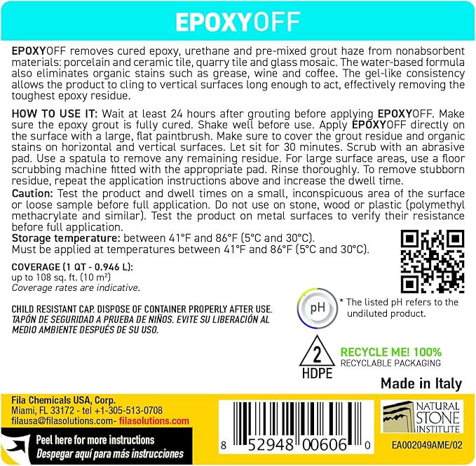FILA EPOXYOFF, Epoxy Grout Haze Remover, Effectively Removes Epoxy Residue, The Product Can Be Applied on Vertical Surfaces, 1 QT