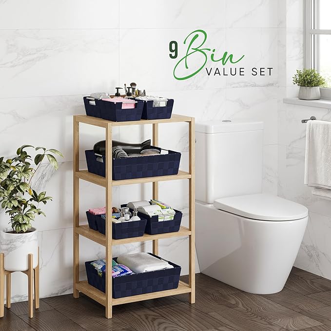 NEATERIZE Baskets For Organizing Set Of 9 Navy - Storage Baskets For Shelves - Perfect Closet Organizer Bins, Bathroom Basket, and Pantry Basket - Small Storage Bin For Shelves - Bin For Organization