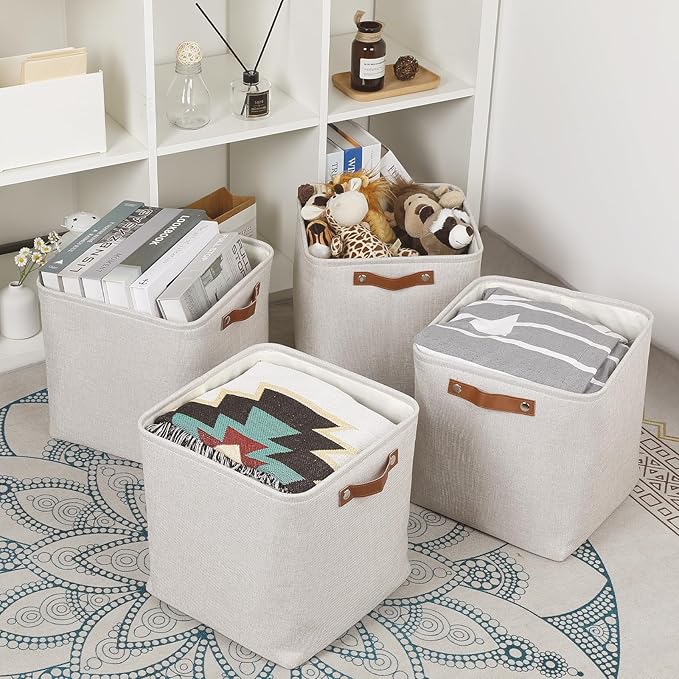 HNZIGE Foldable Cube Storage Bin(4 Pack ) Storage Baskets for Shelves, Closet,12x12 Storage Cube Bins Baskets for Cube Organizer, Fabric Storage Cubes for Storage Home Organization(Cream)