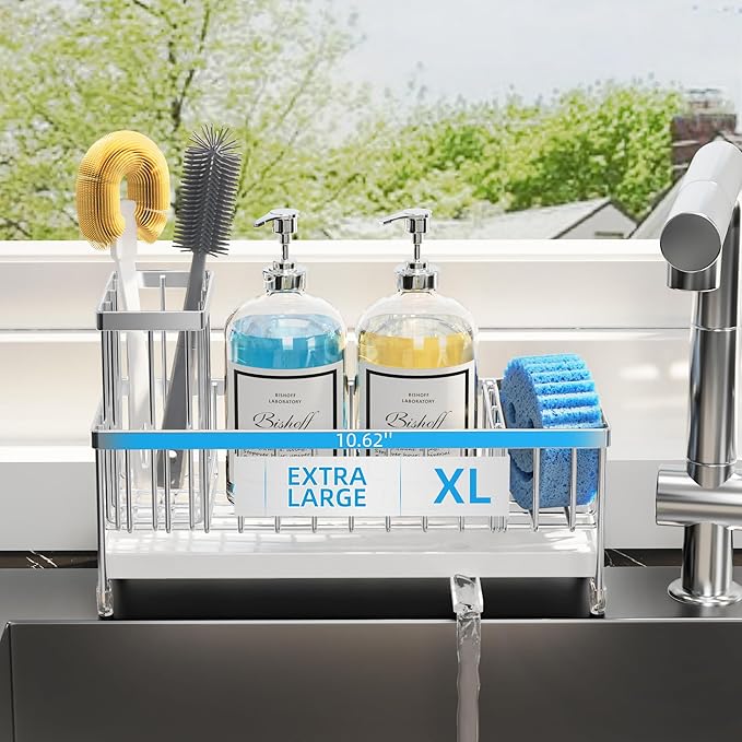 Moforoco Larger Version Sponge Holder for Kitchen Sink, Sink Caddy with High Brush Holder, Kitchen Sink Organizer Countertop Rustproof 304 Stainless Steel (Stainless Steel)