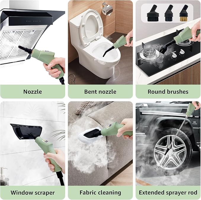 2500W Handheld Steam Cleaner, Pressurized Portable Steamer for Car Detailing, Home Cleaning, Upholstery, Kitchen, Bathroom, 35oz Tank, 6-Level Adjustable Steam Control (Green 2)