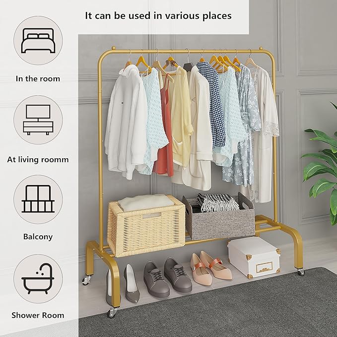 JIUYOTREE Metal Clothing Rack with Wheels 43.3 Inches Rolling Clothes Garment Coat Rack with Bottom Shelf Clothing Rack for Hanging Clothes Coats Skirts Shirts Sweaters Gold