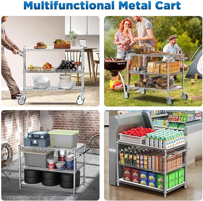 Leteuke 1120LBS Heavy Duty Rolling Utility Cart,3 Tier Rolling Carts with Wheels,NSF Commercial Grade with Handle Bar & Shelf Liners,45"x25"x39"Storage Cart for Kitchen,Restaurant,Plant Display,Chrome