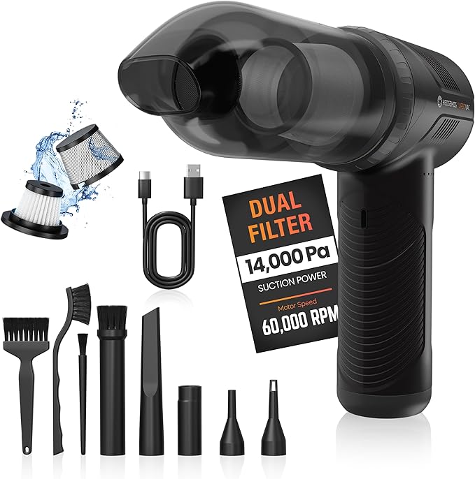 Hedgehog TurboVAC 3 in 1 Portable Car Vacuum Cleaner, Blower & Air Pump - Hand Held Vacuum Cleaner for Car with USB C Rechargeable, 14000PA Powerful Suction, Lightweight Dust Buster for Home & Outdoor
