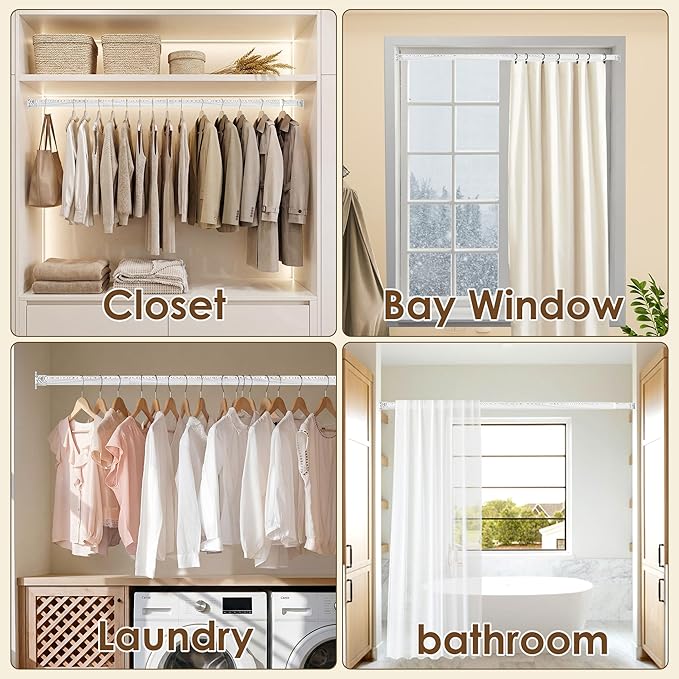 Closet Rod 17-87 Inches，1.3 Inch Diameter Heavy-Duty Adjustable Closet Rods for Hanging Clothes Closet Hanging Rod Metal Closet Poles for Wardrobes Laundry RV Bathroom（White Wood Grain Finish）