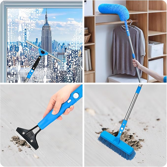 Window Squeegee，5 in 1 Bendable Head Window Squeegee for Home，61''Extension Poles，Bendable Head car Window Cleaner Tool，Squeegee for Shower Glass（Blue）