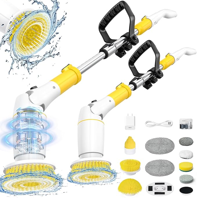Electric Spin Scrubber, Cordless Cleaning Brush Shower Scrubber Up to 550 RPM with 9 Replaceable Brush Heads, Bathroom Scrubber Adjustable Extension Handle for Bathroom Kitchen Car (Yellow)