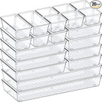 Criusia Drawer Organizer, 5-Size Versatile Bathroom and Vanity Organizer Trays, 20 Pack Clear Plastic Kitchen Drawer Organizers Set, Storage Bins for Makeup, Bathroom, Jewelries and Office