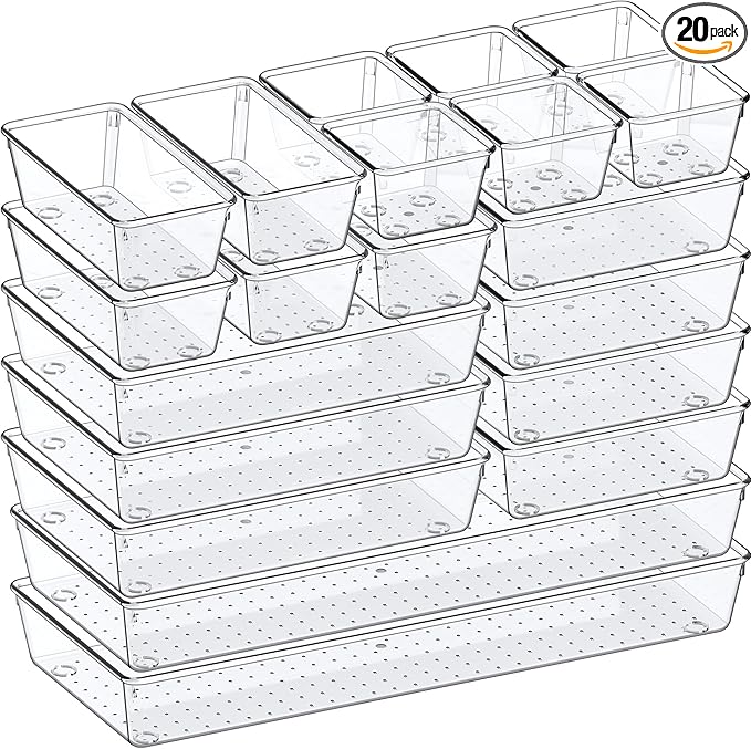 Criusia Drawer Organizer, 5-Size Versatile Bathroom and Vanity Organizer Trays, 20 Pack Clear Plastic Kitchen Drawer Organizers Set, Storage Bins for Makeup, Bathroom, Jewelries and Office