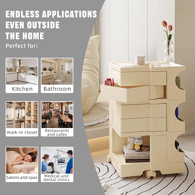 Multipurpose Utility Storage Cart - ABS Plastic Storage Caddy with Wheels and Slide Out Drawers - 360°Rotating Professional Trolley Cart - Mobile Caddy for Salon Supplies, Kitchen Needs (Beige)