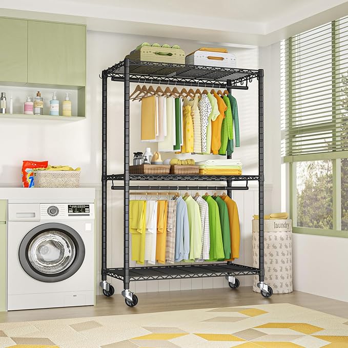 P3 Plus Rolling Clothes Rack, Clothing Racks for Hanging Clothes, Heavy Duty Garment Rack with Wheels, Freestanding Portable Closet Rack 45" W x 14" D x 78.5" H, Max Load 480 LBS, Black