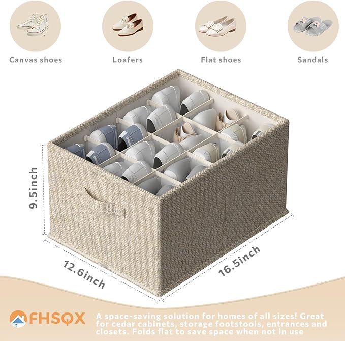 FHSQX 4 Pack Shoe Organizer for Closet,Foldable Shoe Organizer,Fits up to 48 Pairs,Storage Containers With Bottom Support for Shoes (Beige, (16.5 * 12.6 * 9.5) x4)