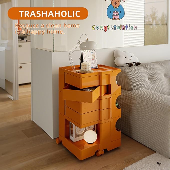 Multipurpose Utility Storage Cart - ABS Plastic Storage Caddy with Wheels and Slide Out Drawers - 360°Rotating Professional Trolley Cart - Mobile Caddy for Salon Supplies, Kitchen Needs (Orange)